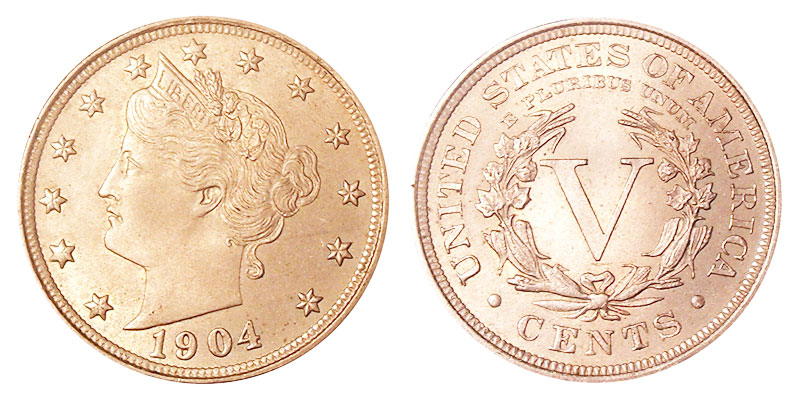 1904 Liberty Head Nickel obverse and reverse showing the V design and LIBERTY coronet