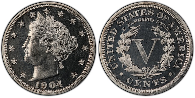 Comparison of 1904 Liberty Head Nickel business strike versus 1904 Proof Cameo variety, showing mirrored fields and frosted devices
