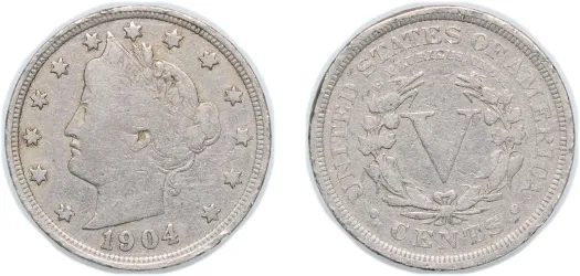 Philadelphia Mint circa 1900 or group of 1904 Liberty Head Nickels showing range of conditions from worn to uncirculated