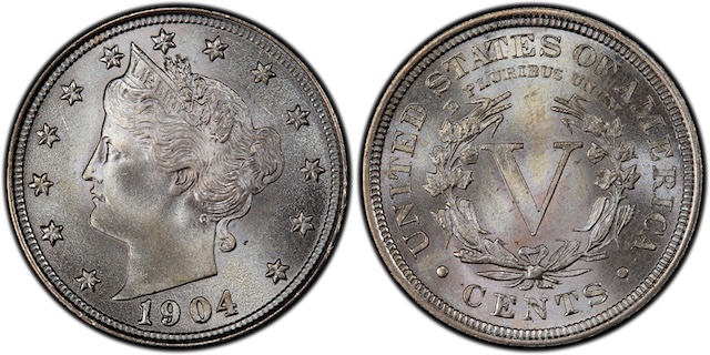 Grading strip showing four 1904 Liberty Head Nickels from worn Good through Fine, About Uncirculated, and Mint State